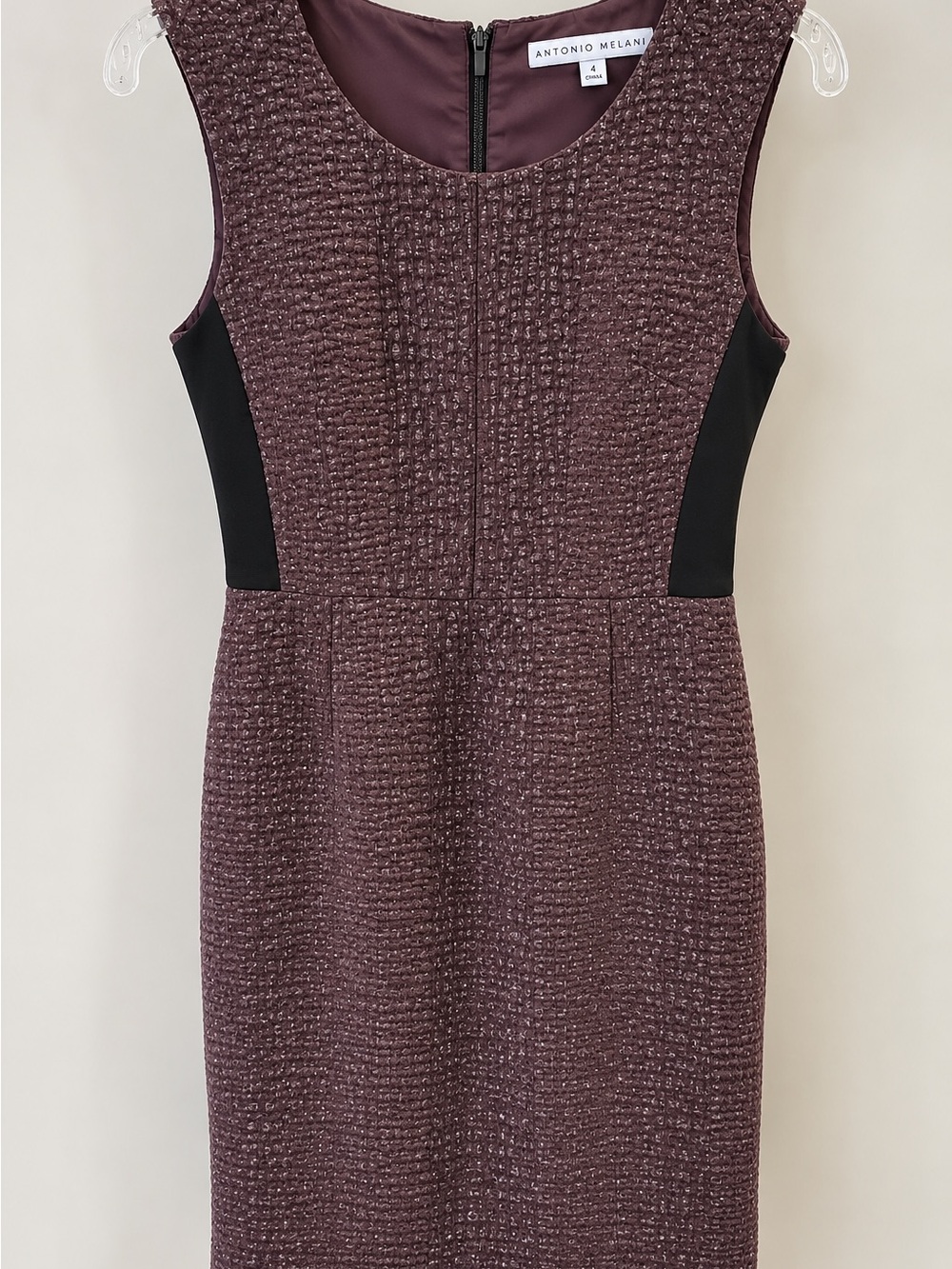 ANTONIO MELANI Plum Tweed Sleeveless Sheath Dress with Black Side Panels